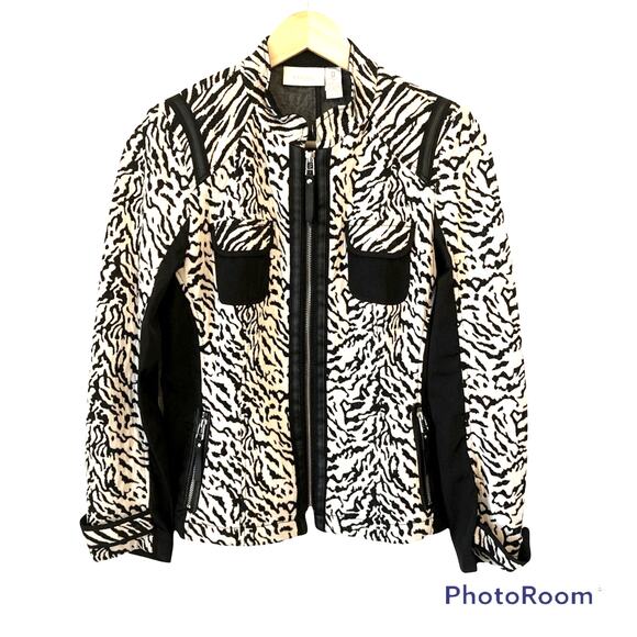 Chico’s Jacket Womens Animal Print Zebra Black White Zip Up Stretch 90s Mob Wife - Picture 1 of 9